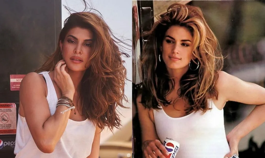 Jacqueline-Fernandez-imitates-Cindy-Crawford-in-the-famous-1992-Pepsi-Ad-photo