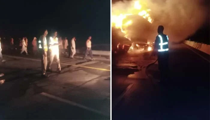 Multan-Sukkur Motorway; At least 20 were killed, in a fiery bus-tanker collision.